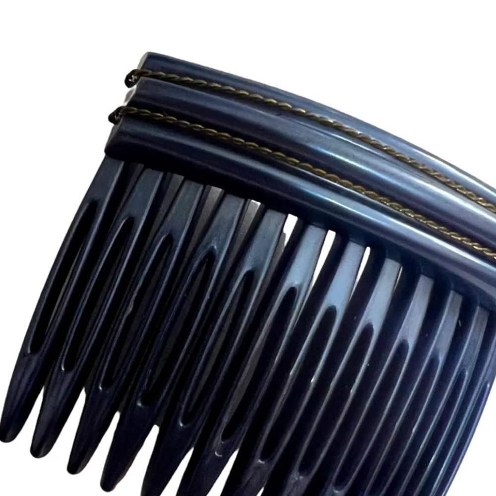 1980’s Blue French Hair‎ Comb With Gold Threading, Handmade in France, Deadstock